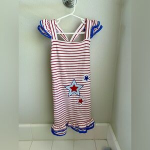 Classic Whimsy Red and White Striped Dress with Blue Trim and Stars Size 5